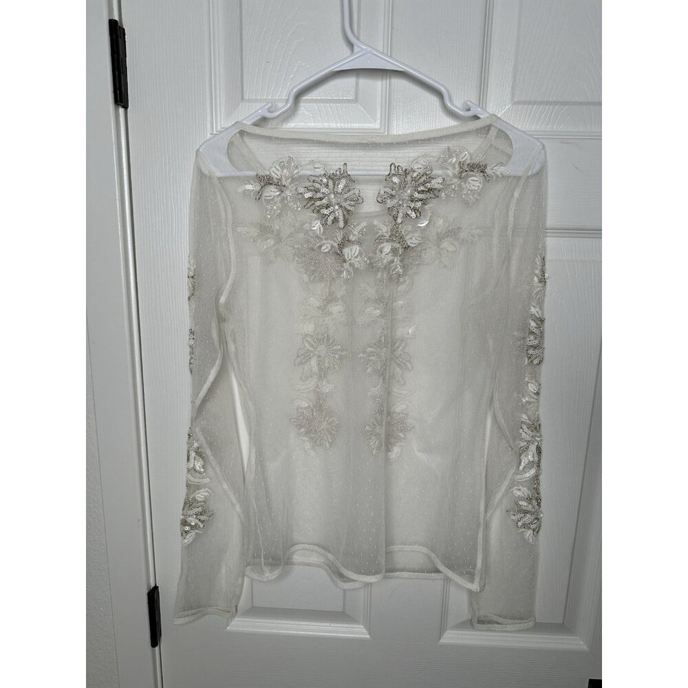 Maeve Sheer Embellished Top Anthropologie Beige Ivory Bridal Small - Picture 3 of 7